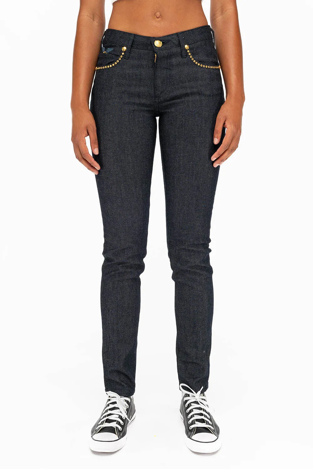 WOMENS CLASSIC 5 POCKET SKINNY JEANS WITH GOLD CRYSTALS IN RAW sold by Robin's Jean