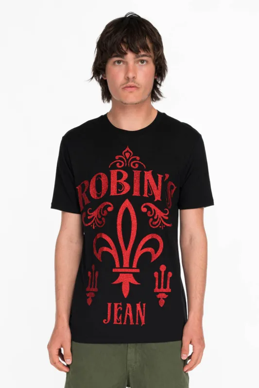 RED GLITTER FLEUR TEE IN BLACK sold by Robin's Jean