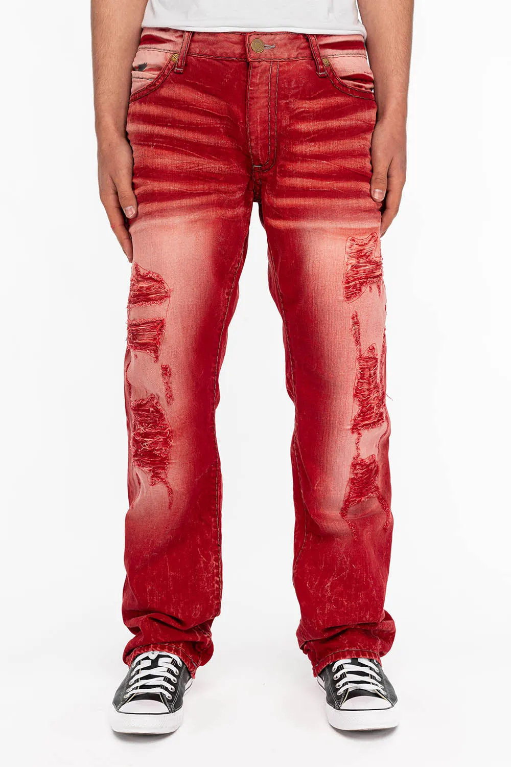 HEAVY STITCH JEANS IN F-UP RED WITH WHITE CONTRAST sold by Robin's Jean