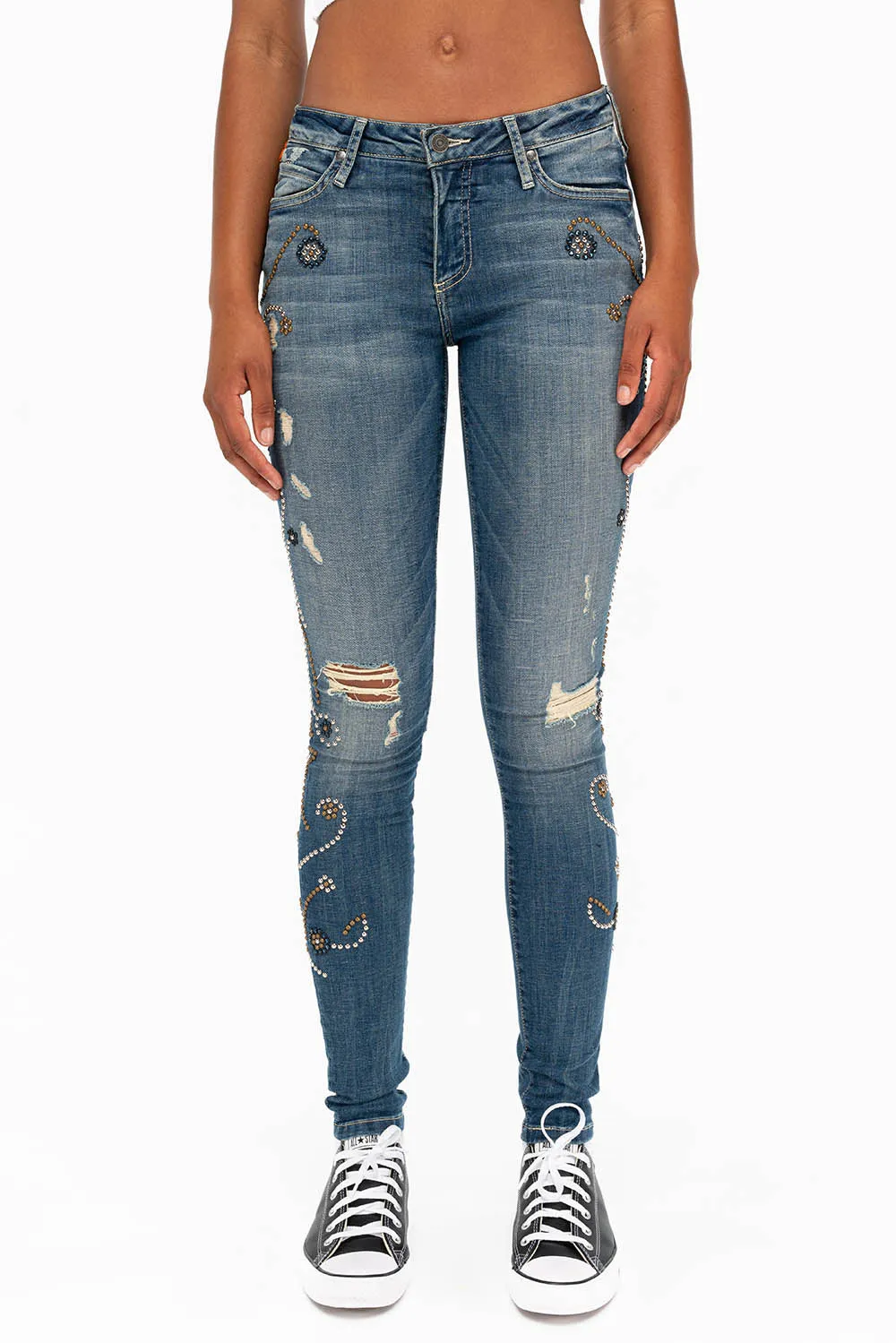 MID RISE SKINNY FORGET ME NOT FLOWER INSPIRED CRYSTALS sold by Robin's Jean