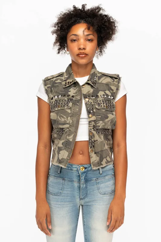 STUDDED CAMO JACKET WITH EAGLE sold by Robin's Jean
