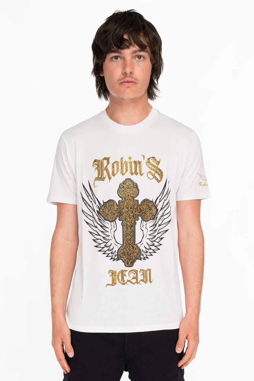 CRYSTAL CROSS TEE IN WHITE sold by Robin's Jean