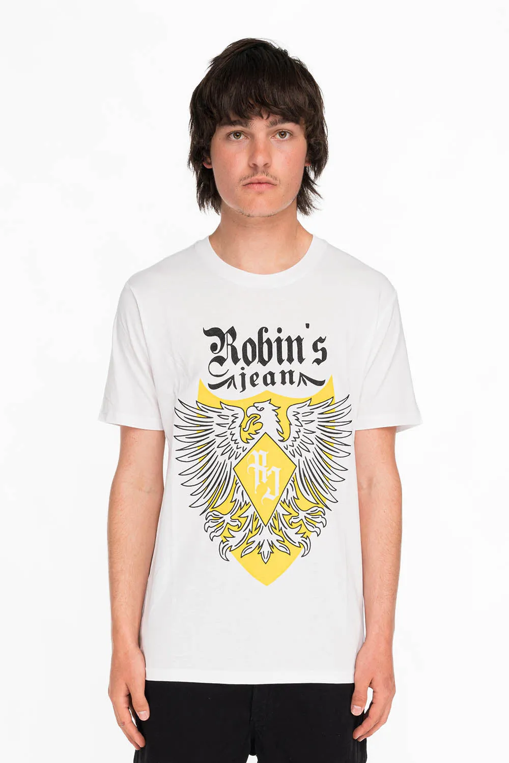 EAGLE CREST TEE IN WHITE AND YELLOW sold by Robin's Jean