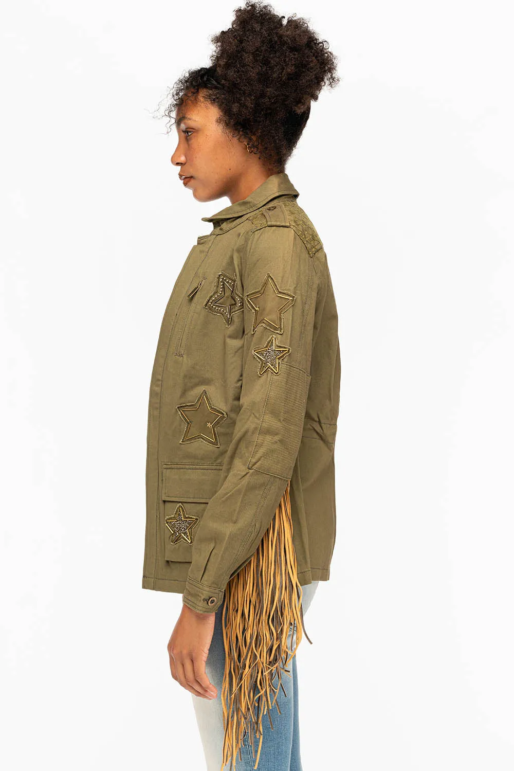 WOMENS FRINGE JACKET WITH PATCHES IN MILITARY GREEN sold by Robin's Jean product image thumbnail 5