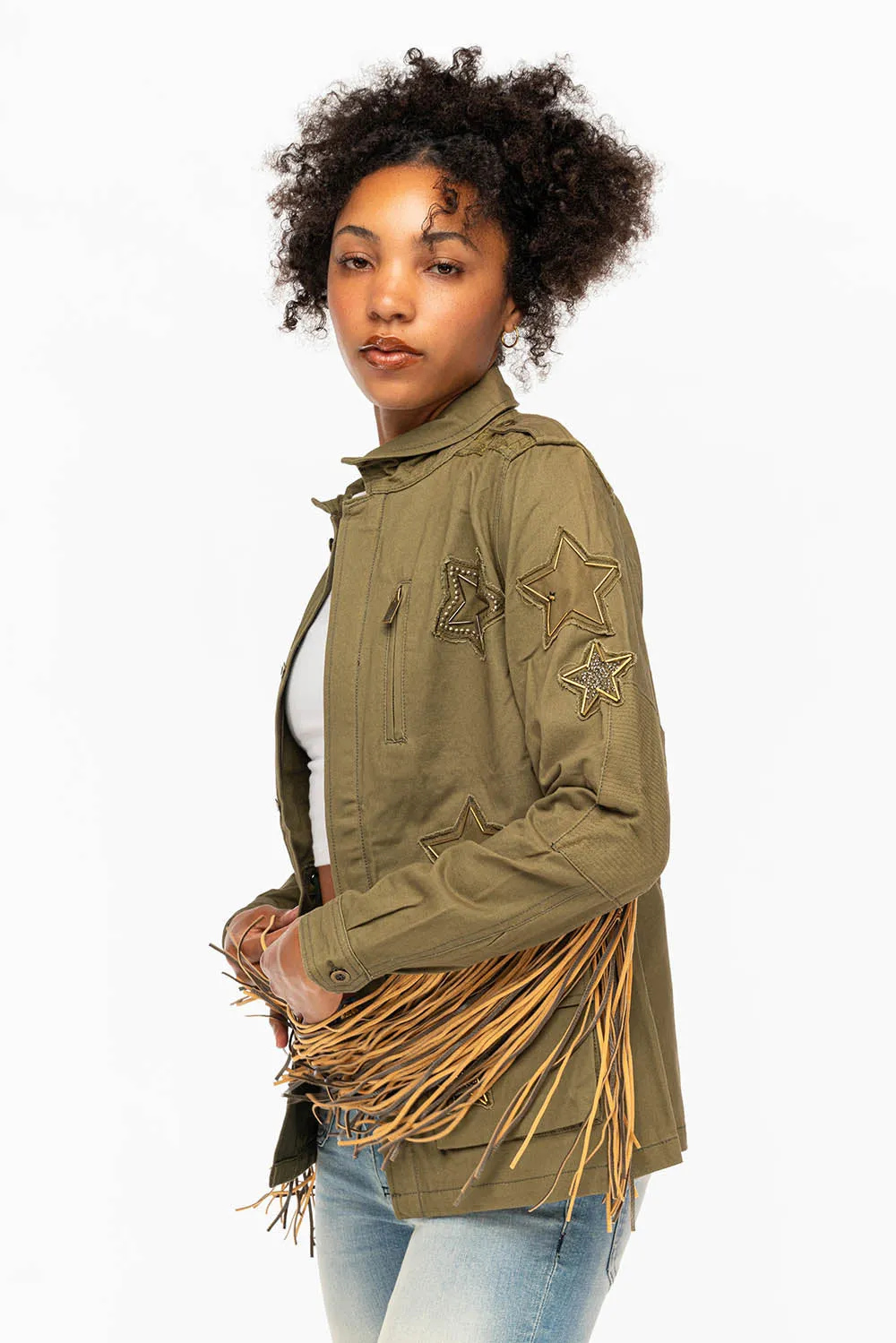 WOMENS FRINGE JACKET WITH PATCHES IN MILITARY GREEN sold by Robin's Jean product image thumbnail 4