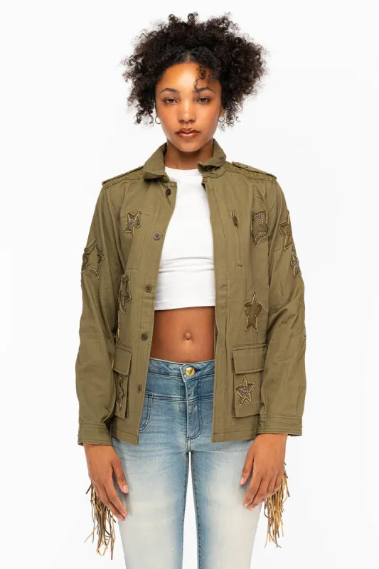 WOMENS FRINGE JACKET WITH PATCHES IN MILITARY GREEN sold by Robin's Jean