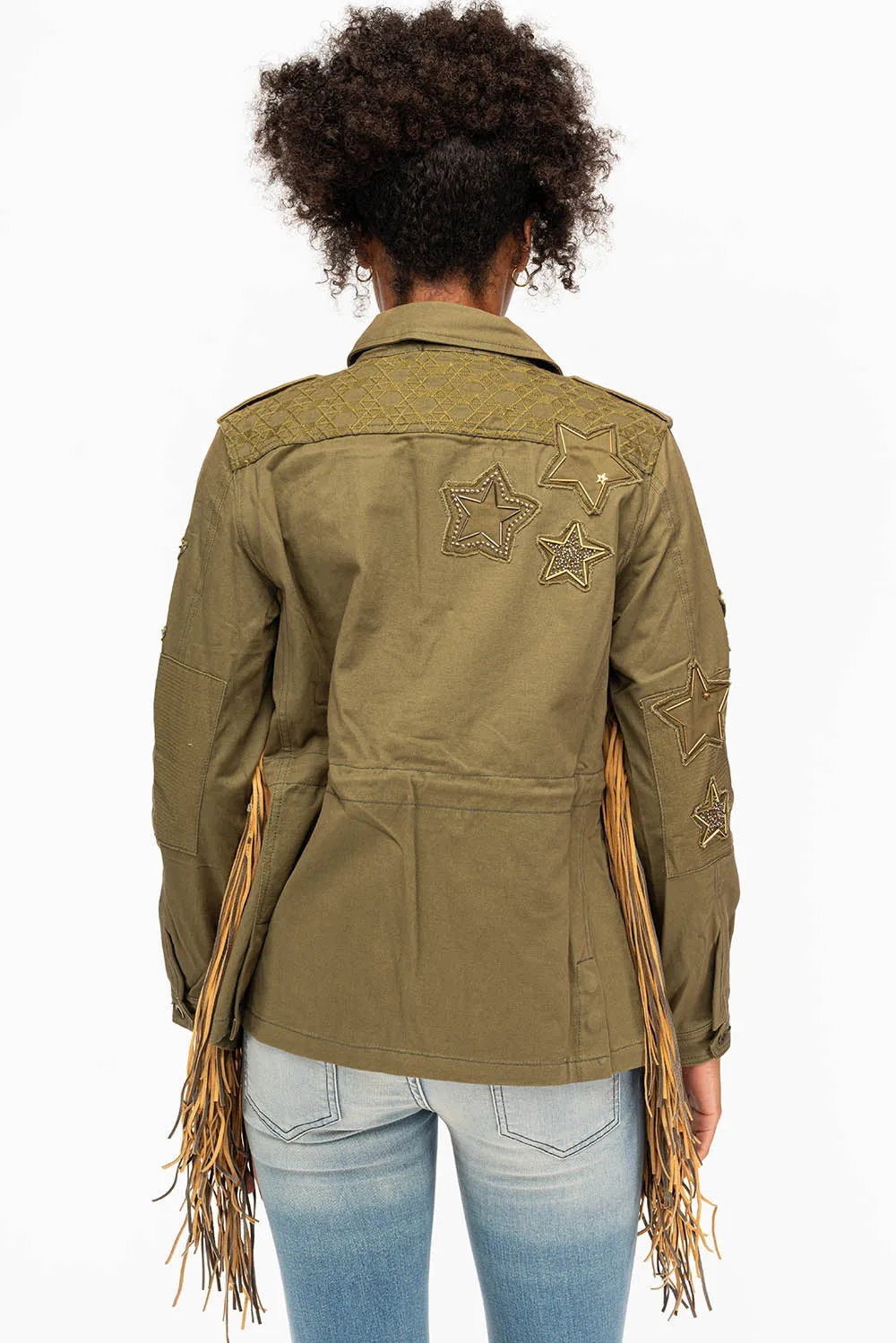 WOMENS FRINGE JACKET WITH PATCHES IN MILITARY GREEN sold by Robin's Jean product image thumbnail 3