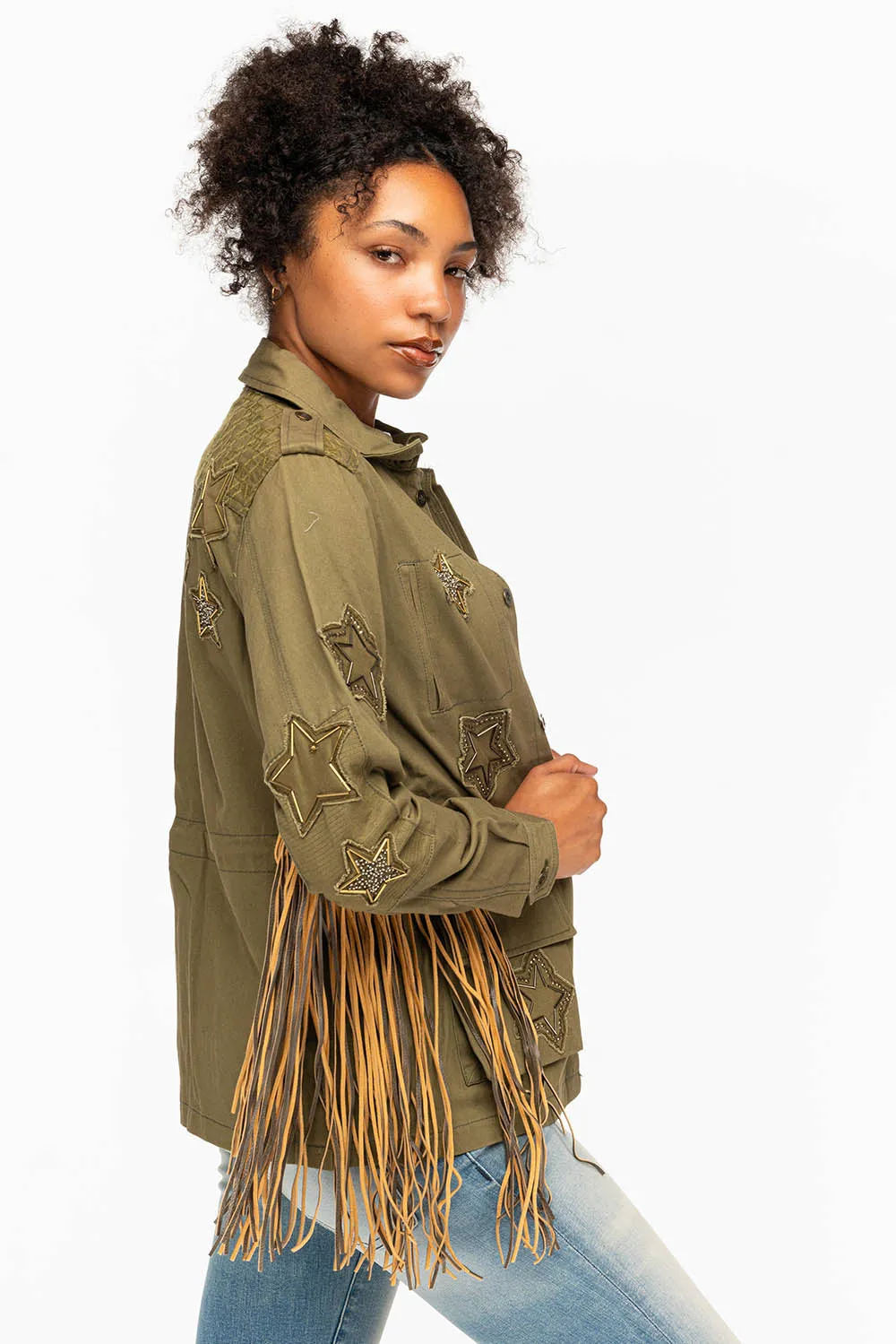 WOMENS FRINGE JACKET WITH PATCHES IN MILITARY GREEN sold by Robin's Jean product image thumbnail 2