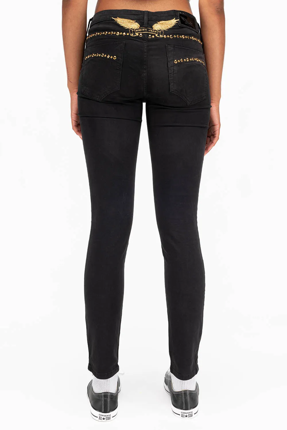 MARILYN WOMENS STUDDED SKINNY JEANS IN BLACK GOLD LOGO AND CRYSTALS sold by Robin's Jean product image thumbnail 3