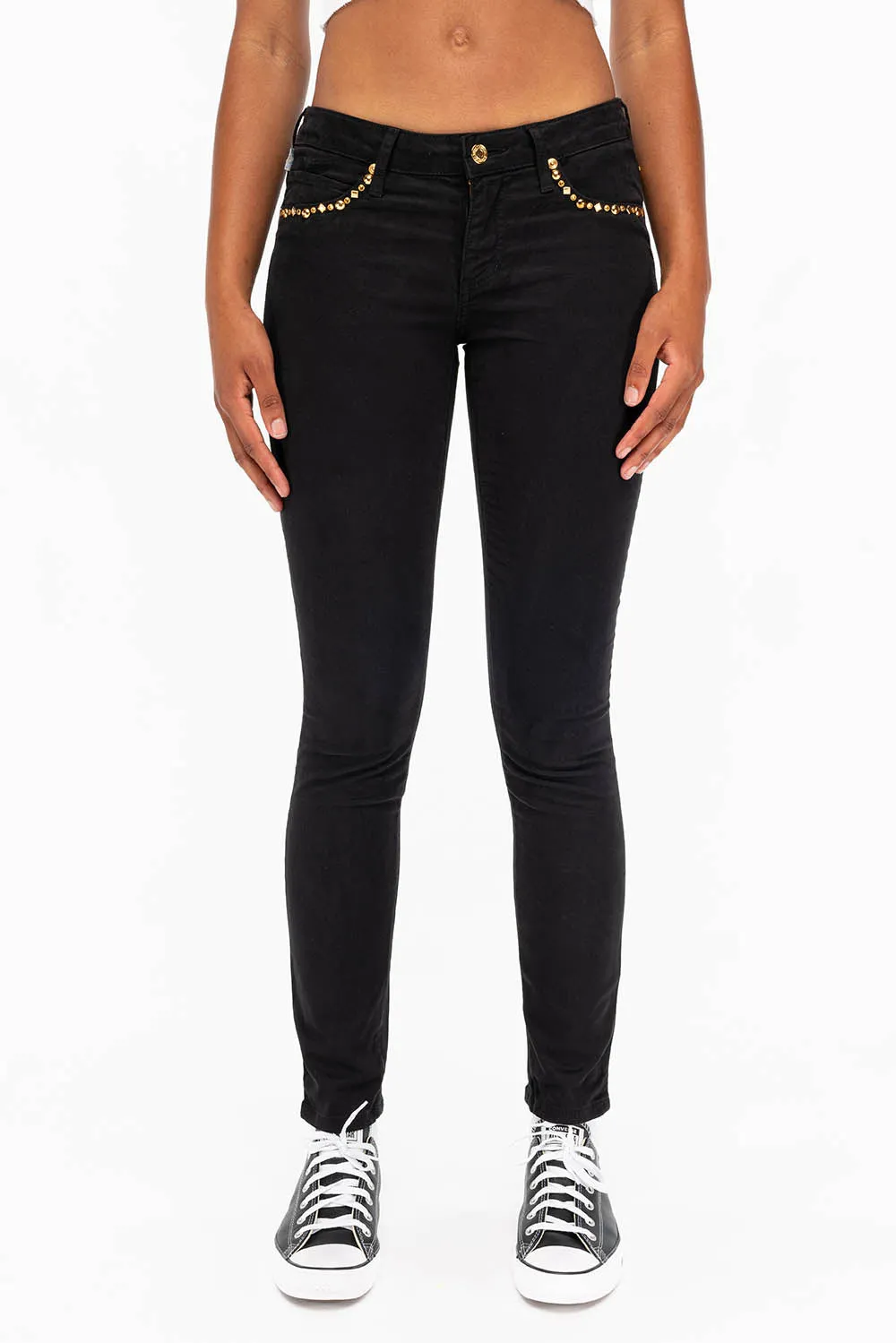 MARILYN WOMENS STUDDED SKINNY JEANS IN BLACK GOLD LOGO AND CRYSTALS sold by Robin's Jean