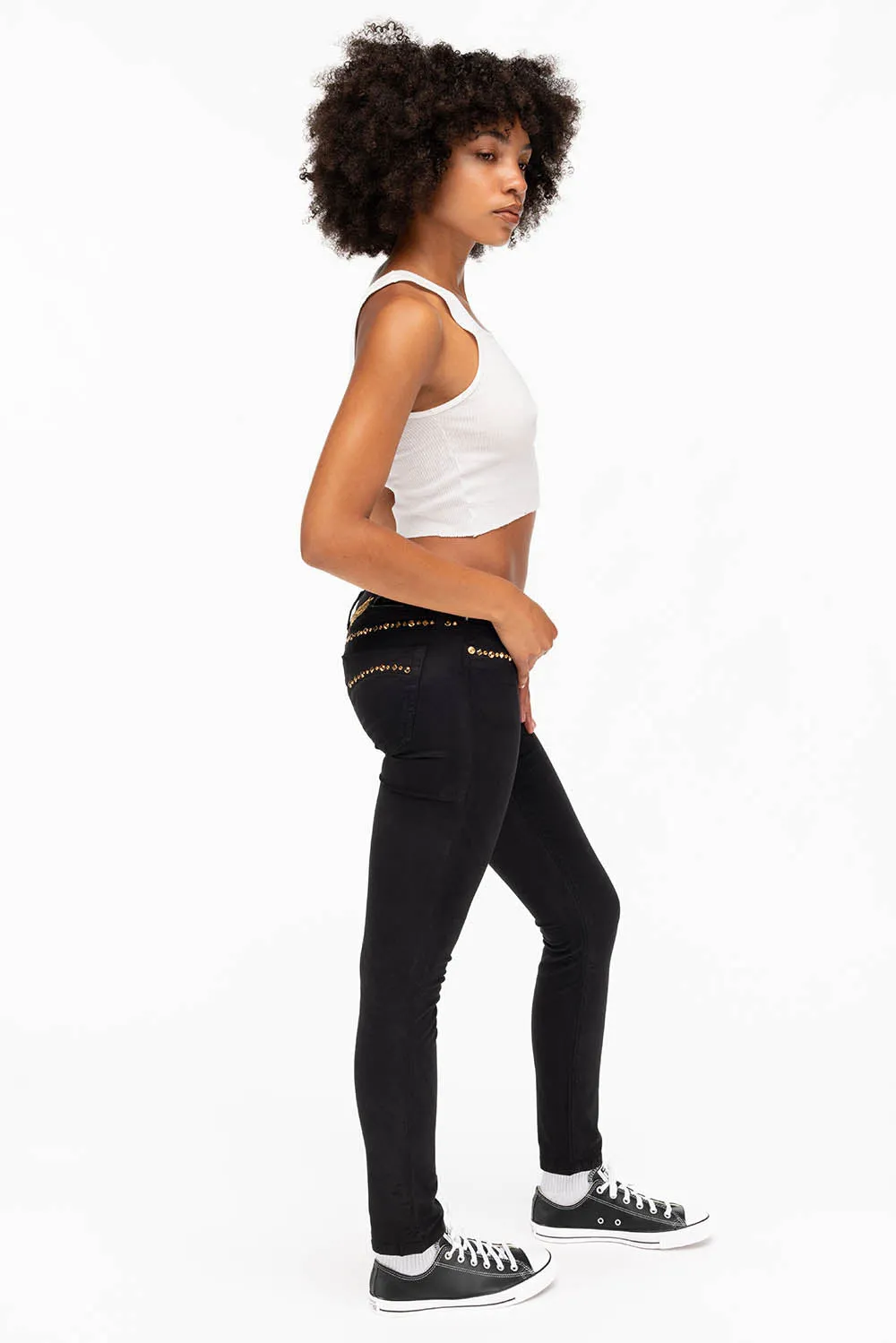 MARILYN WOMENS STUDDED SKINNY JEANS IN BLACK GOLD LOGO AND CRYSTALS sold by Robin's Jean product image thumbnail 5