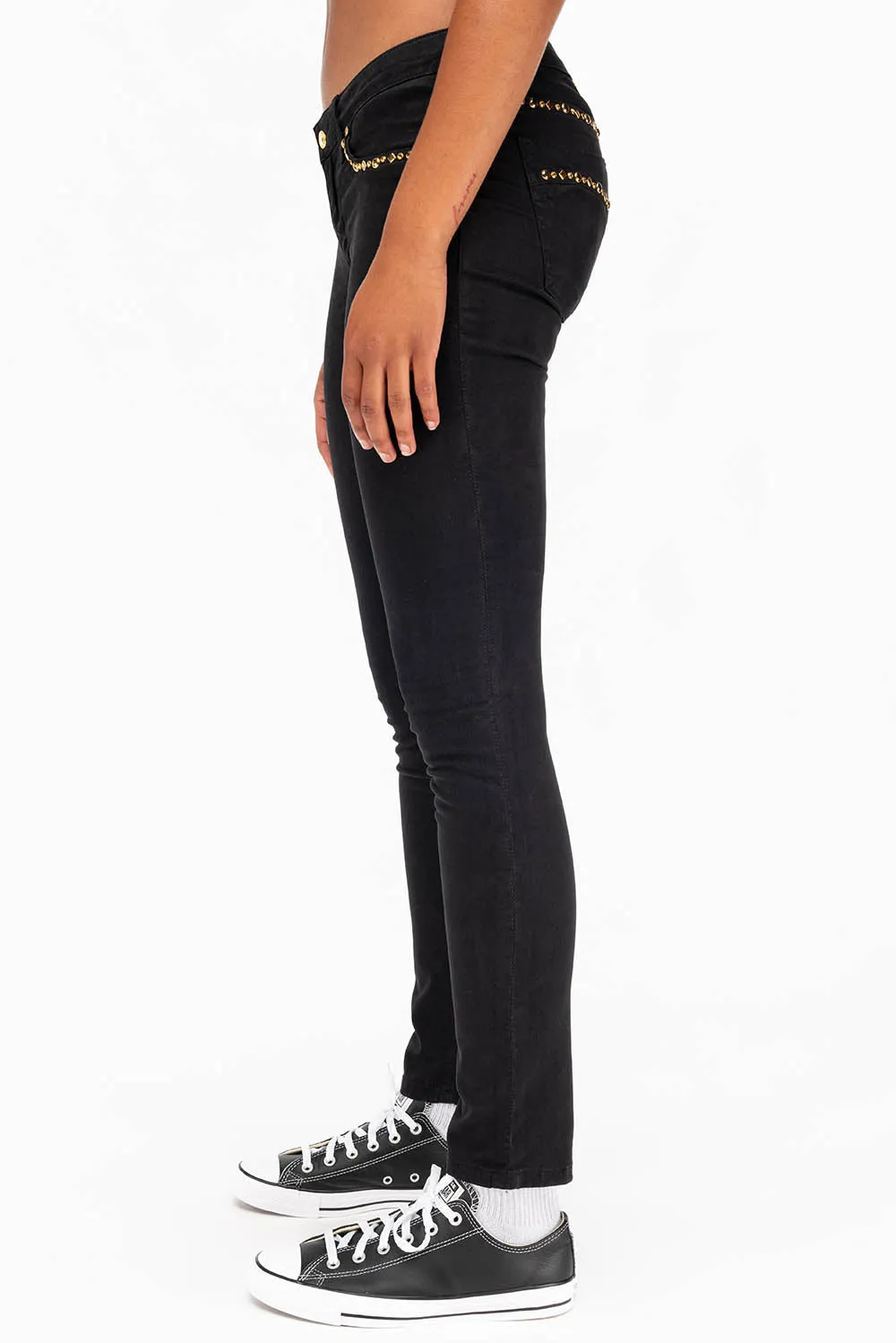 MARILYN WOMENS STUDDED SKINNY JEANS IN BLACK GOLD LOGO AND CRYSTALS sold by Robin's Jean product image thumbnail 2