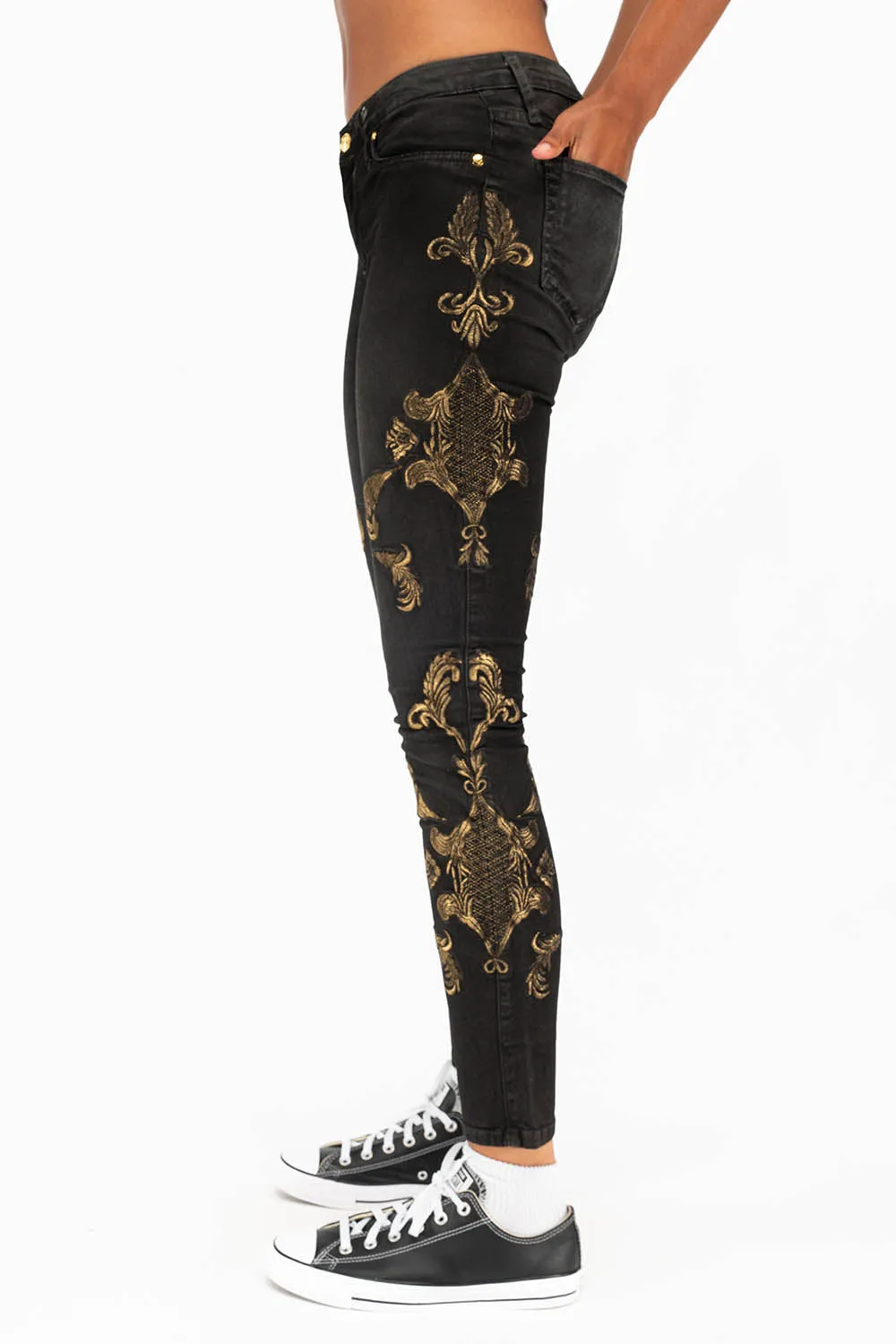 MID RISE WOMENS JEANS WITH GOLD EMBROIDERY IN LA BLACK sold by Robin's Jean product image thumbnail 2