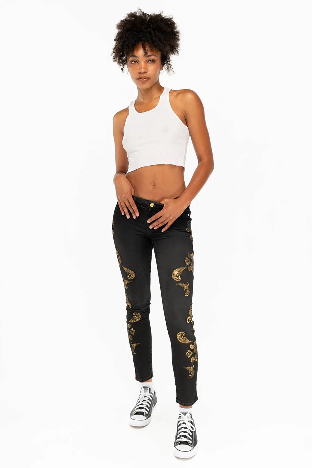 MID RISE WOMENS JEANS WITH GOLD EMBROIDERY IN LA BLACK sold by Robin's Jean product image thumbnail 4