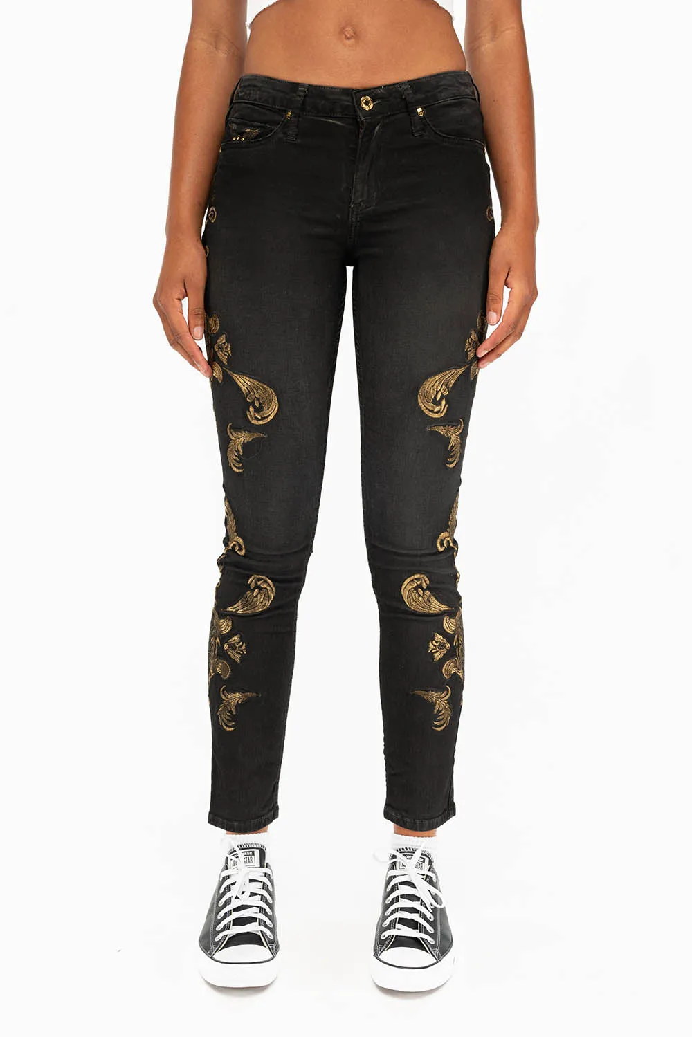 MID RISE WOMENS JEANS WITH GOLD EMBROIDERY IN LA BLACK sold by Robin's Jean