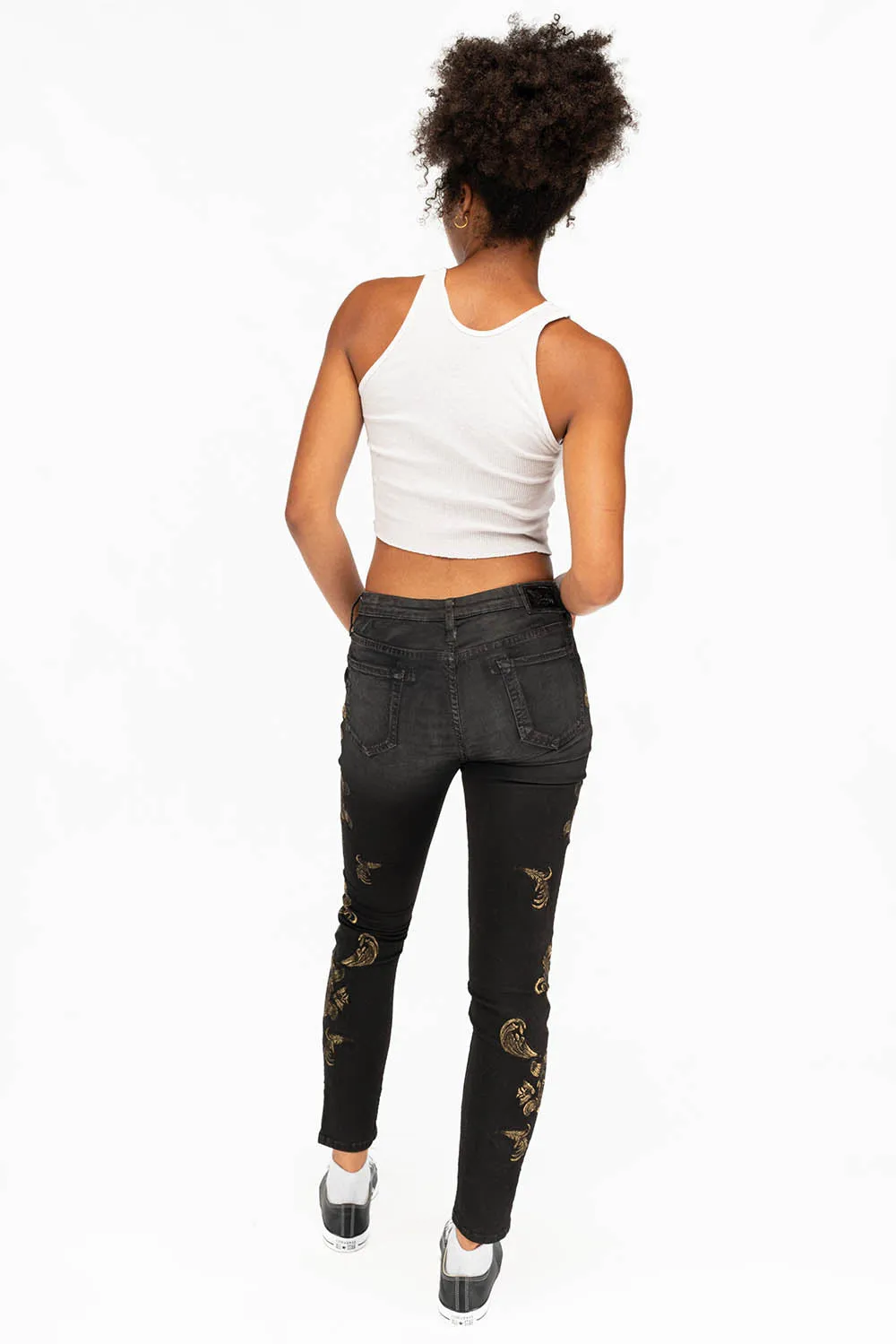 MID RISE WOMENS JEANS WITH GOLD EMBROIDERY IN LA BLACK sold by Robin's Jean product image thumbnail 5