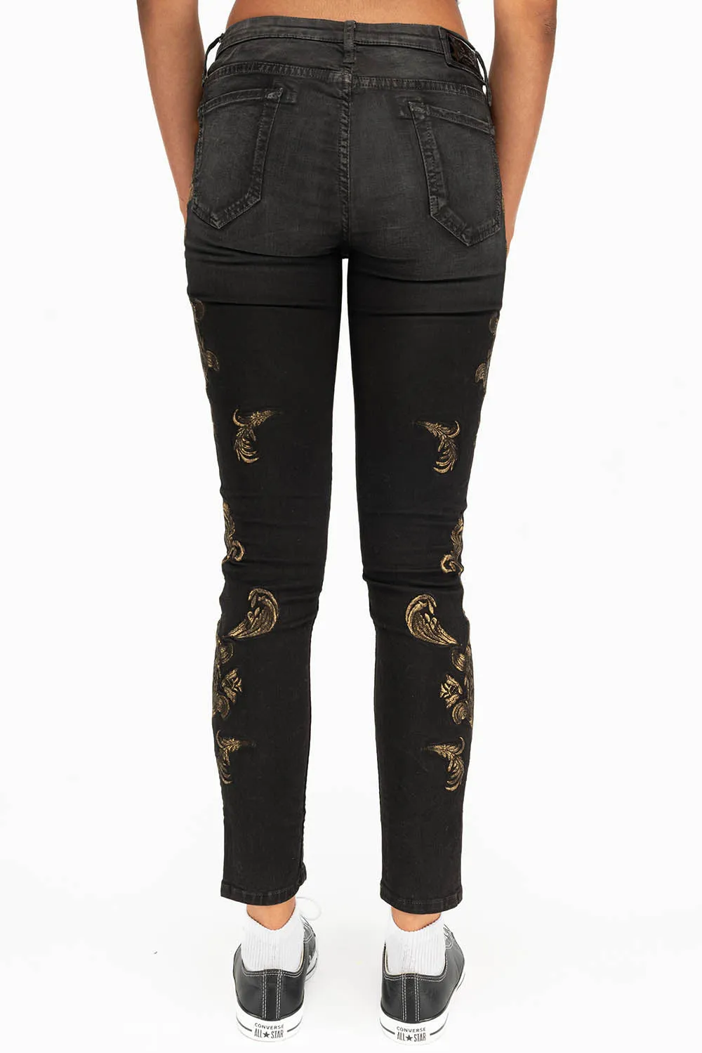 MID RISE WOMENS JEANS WITH GOLD EMBROIDERY IN LA BLACK sold by Robin's Jean product image thumbnail 3
