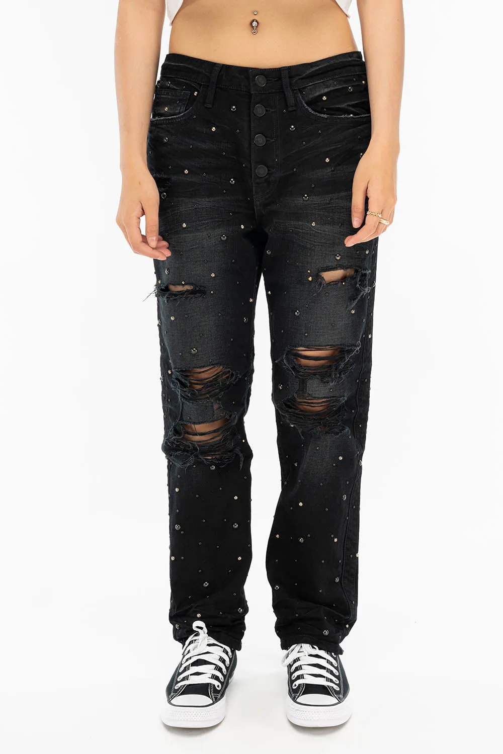 BOYFRIEND JEANS IN F_ED UP BLACK WITH BLACK AND SILVER STUDS sold by Robin's Jean