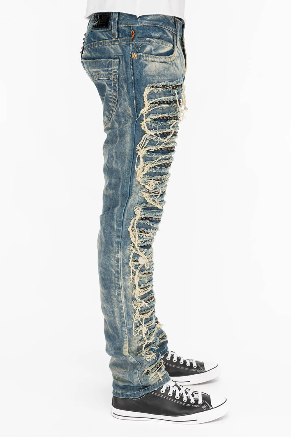 MARLON SLIM DESTROY WASHED DENIM JEANS IN BOSTON BLUE WITH STUDS AND CRYSTALS sold by Robin's Jean product image thumbnail 3