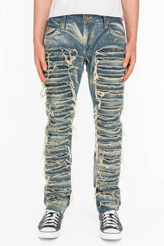 MARLON SLIM DESTROY WASHED DENIM JEANS IN BOSTON BLUE WITH STUDS AND CRYSTALS sold by Robin's Jean