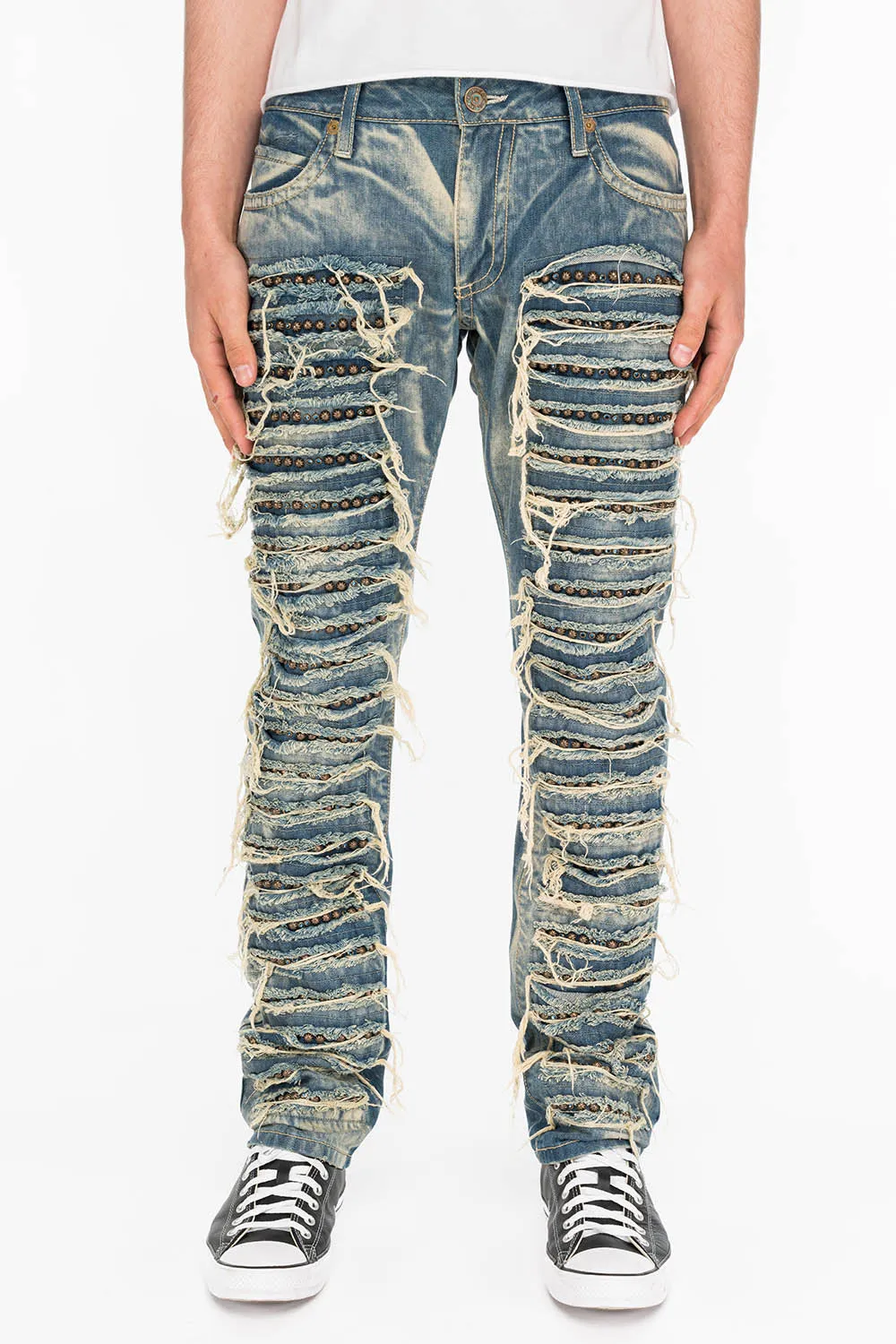 MARLON SLIM DESTROY WASHED DENIM JEANS IN BOSTON BLUE WITH STUDS AND CRYSTALS sold by Robin's Jean