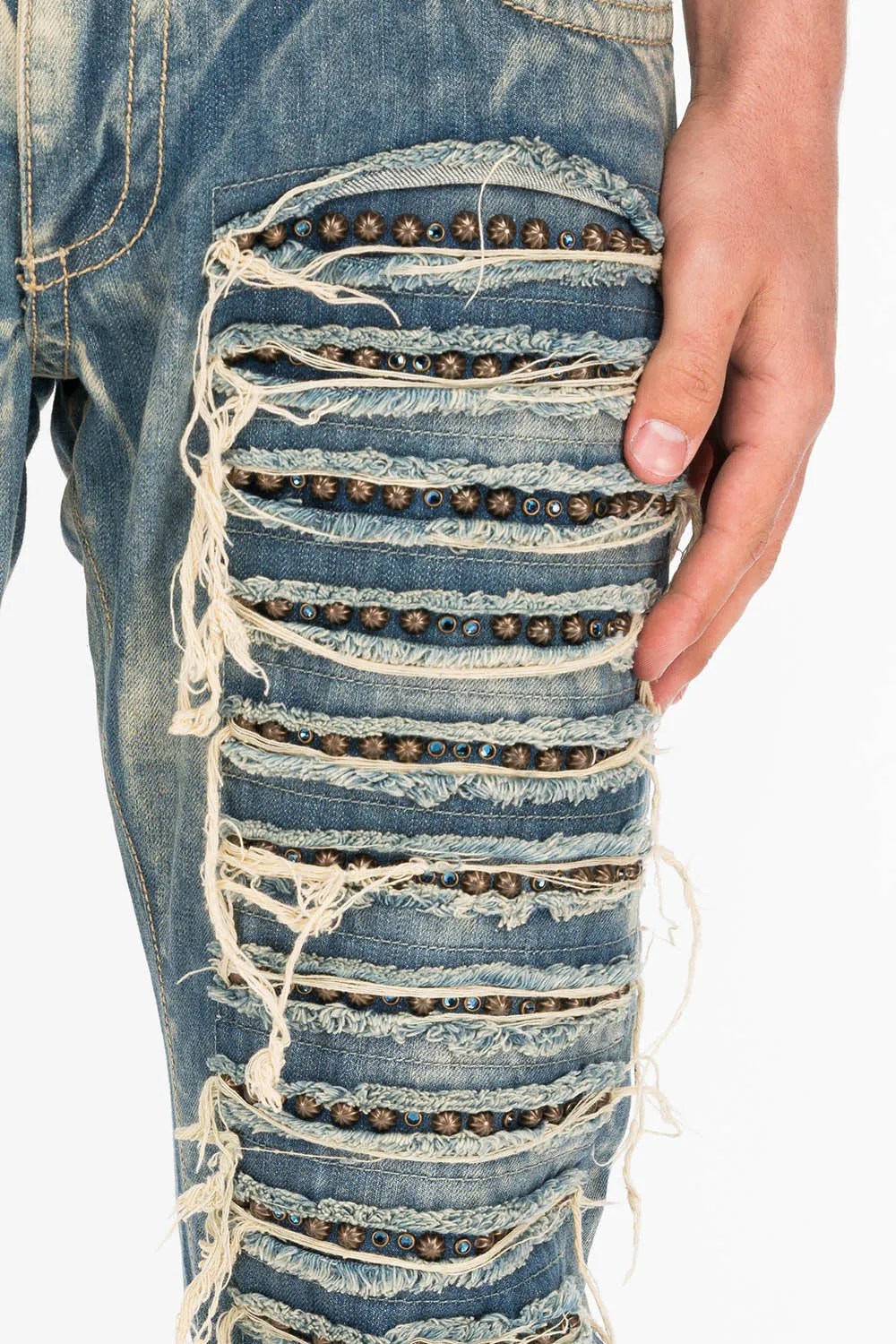 MARLON SLIM DESTROY WASHED DENIM JEANS IN BOSTON BLUE WITH STUDS AND CRYSTALS sold by Robin's Jean product image thumbnail 2