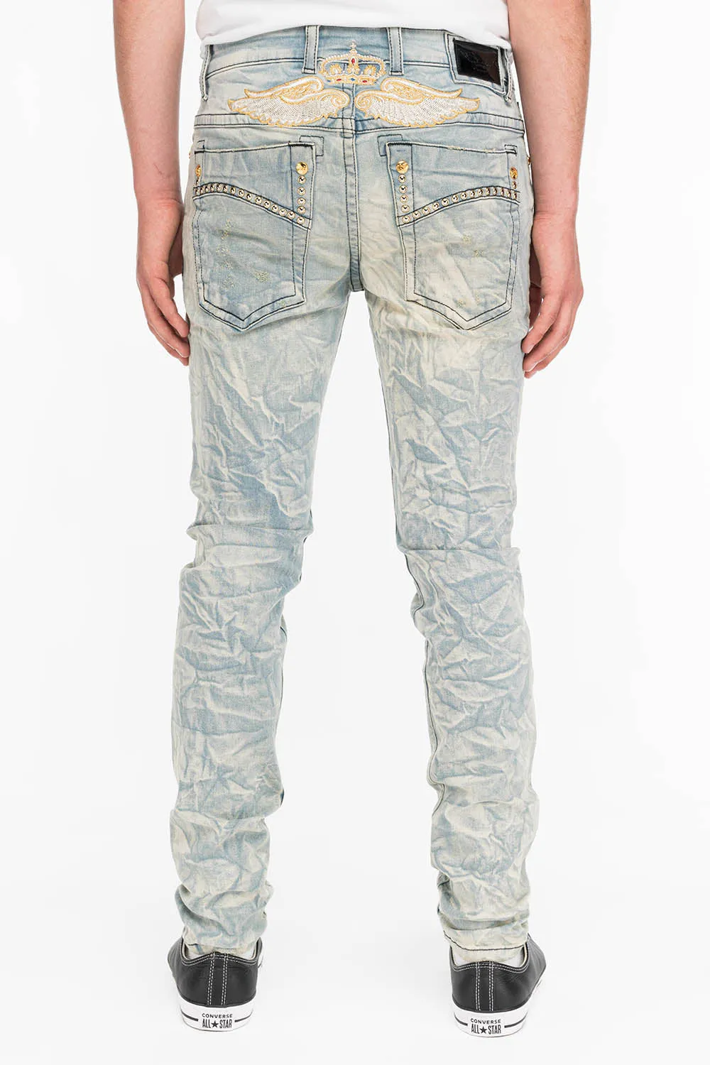 ROYAL CROWN SKINNY MENS JEANS IN VINTAGE BLUE WITH NAILHEAD sold by Robin's Jean