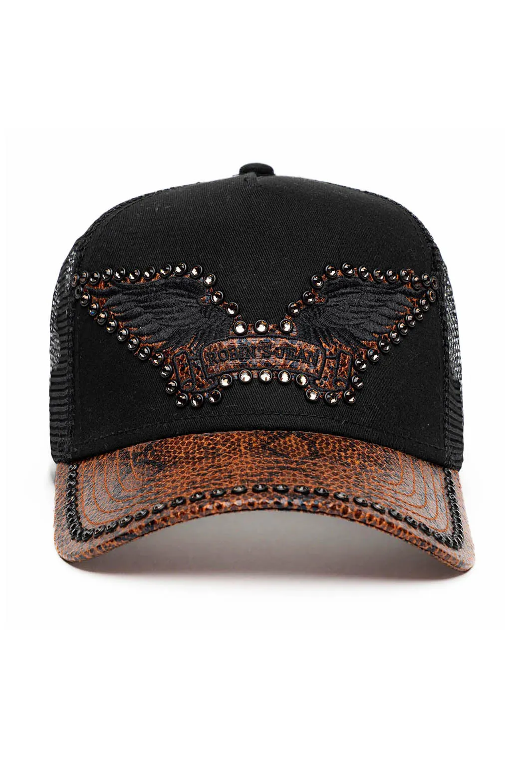 BLK/BROWN PYTHON TRUCKER HAT WITH SMOKY TOPAZ EMBELLISHMENT sold by Robin's Jean