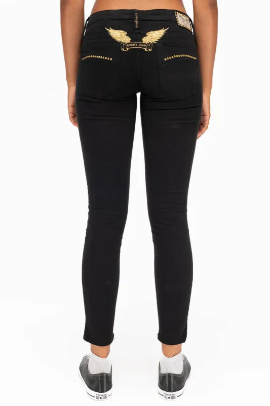 MARILYN WOMENS STUDDED SKINNY JEANS IN BLACK WITH GOLD WINGS AND GOLD CRYSTALS sold by Robin's Jean