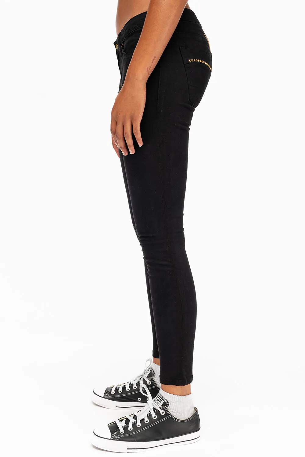 MARILYN WOMENS STUDDED SKINNY JEANS IN BLACK WITH GOLD WINGS AND GOLD CRYSTALS sold by Robin's Jean product image thumbnail 3