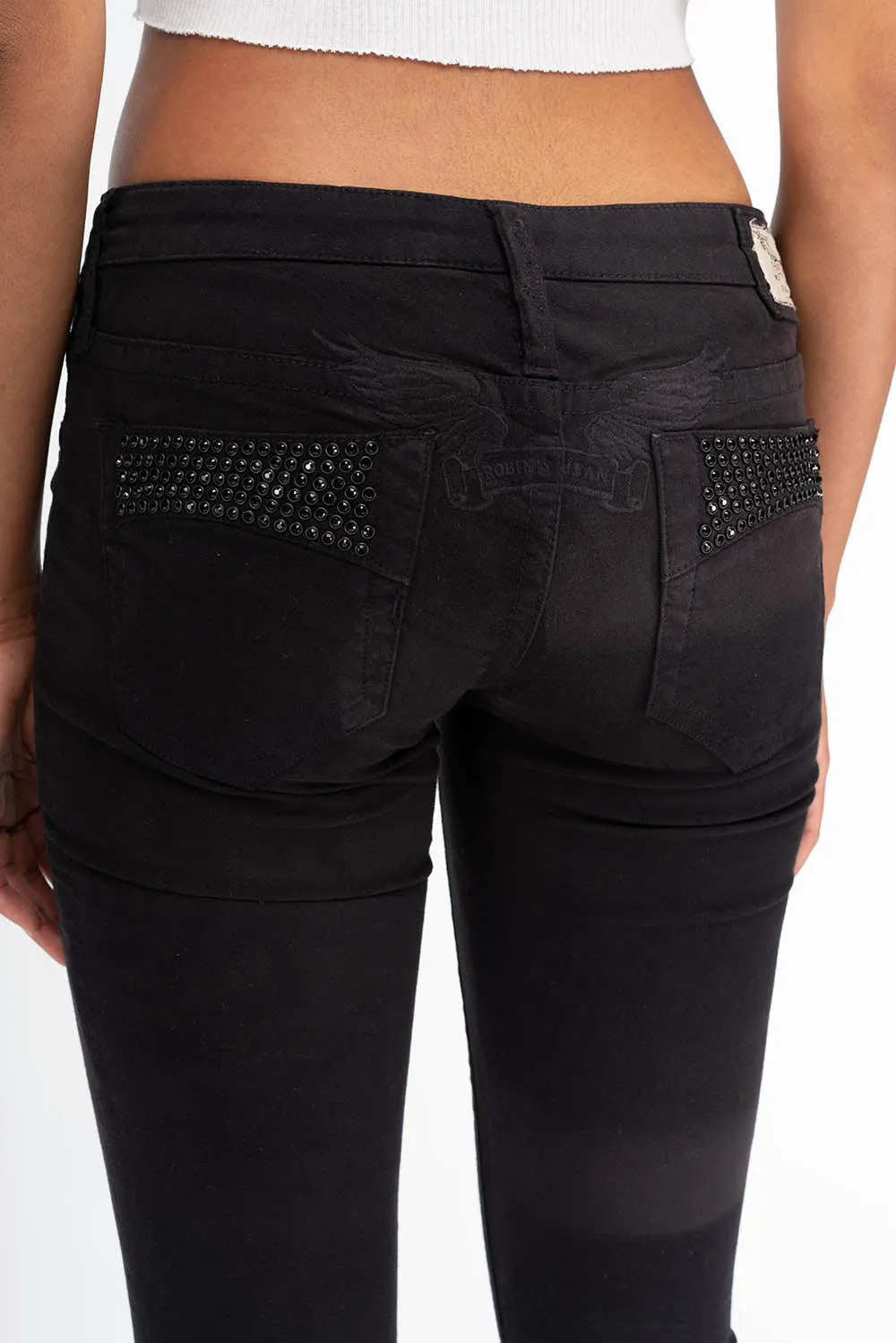 MARILYN WOMENS SKINNY JEANS IN BLACK WITH TONAL WINGS AND CRYSTALS sold by Robin's Jean product image thumbnail 4