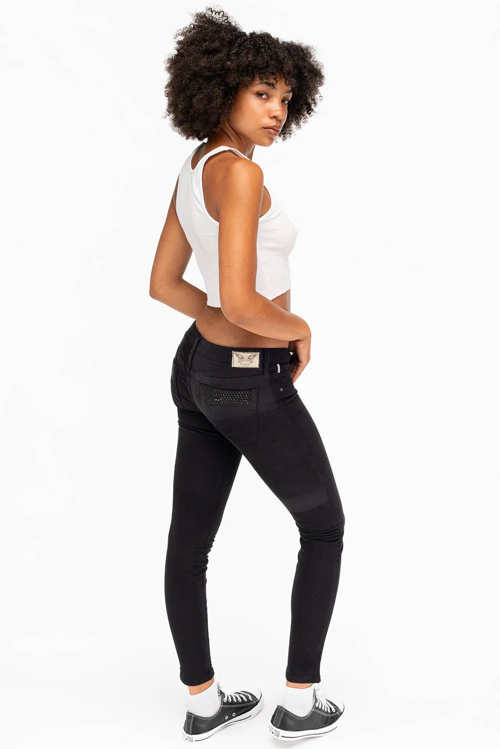 MARILYN WOMENS SKINNY JEANS IN BLACK WITH TONAL WINGS AND CRYSTALS sold by Robin's Jean product image thumbnail 5
