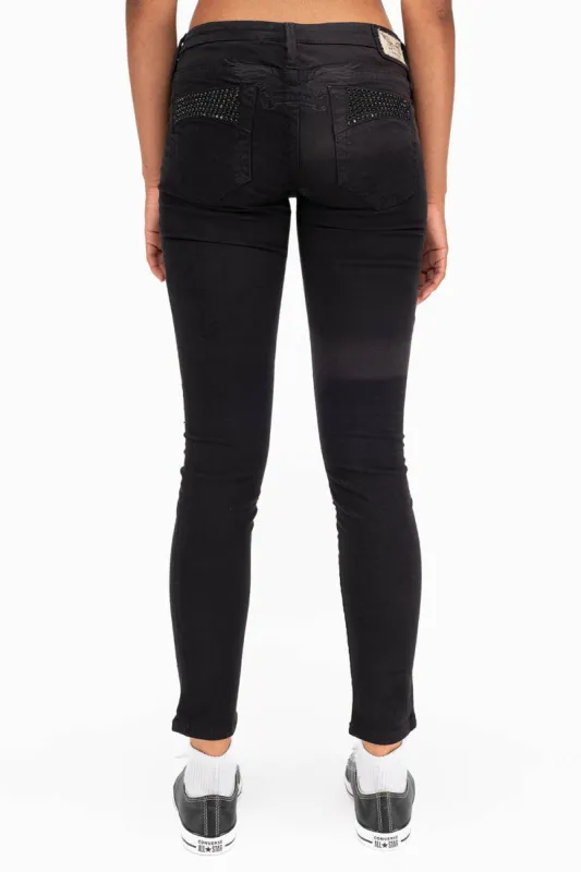 MARILYN WOMENS SKINNY JEANS IN BLACK WITH TONAL WINGS AND CRYSTALS sold by Robin's Jean