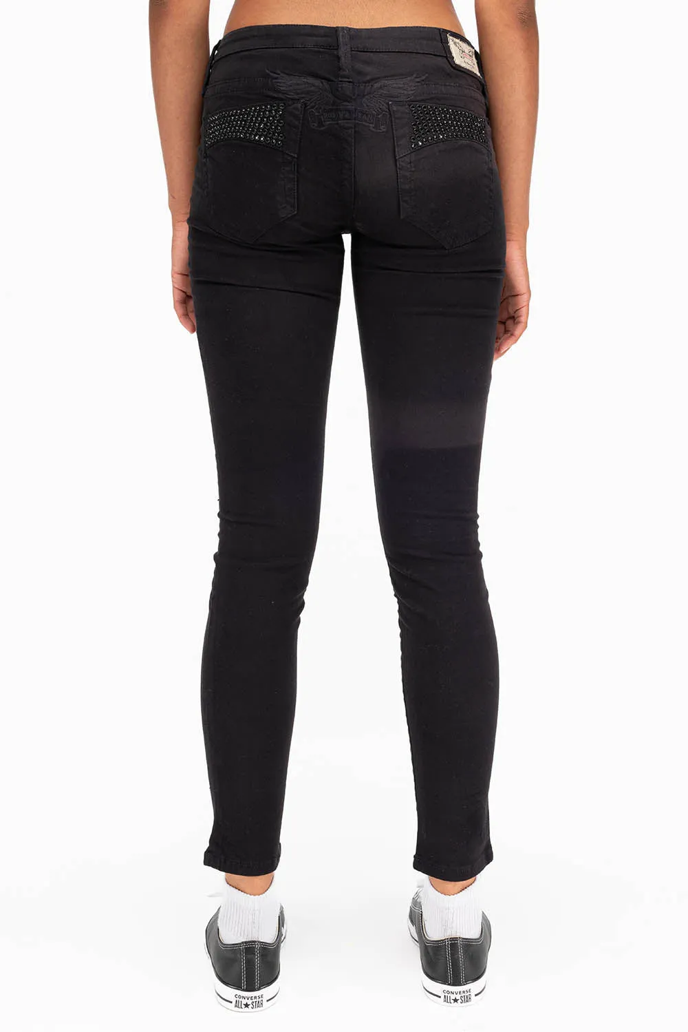MARILYN WOMENS SKINNY JEANS IN BLACK WITH TONAL WINGS AND CRYSTALS sold by Robin's Jean