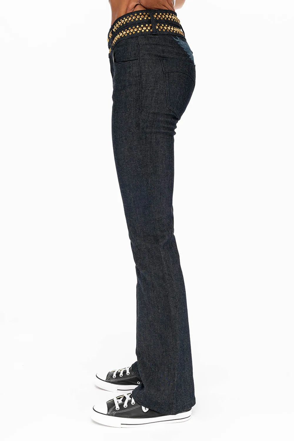 WOMENS DOUBLE WAISTBAND HIGH RISE BOOT LEG JEANS WITH AURUM CRYSTALS IN RAW sold by Robin's Jean product image thumbnail 3