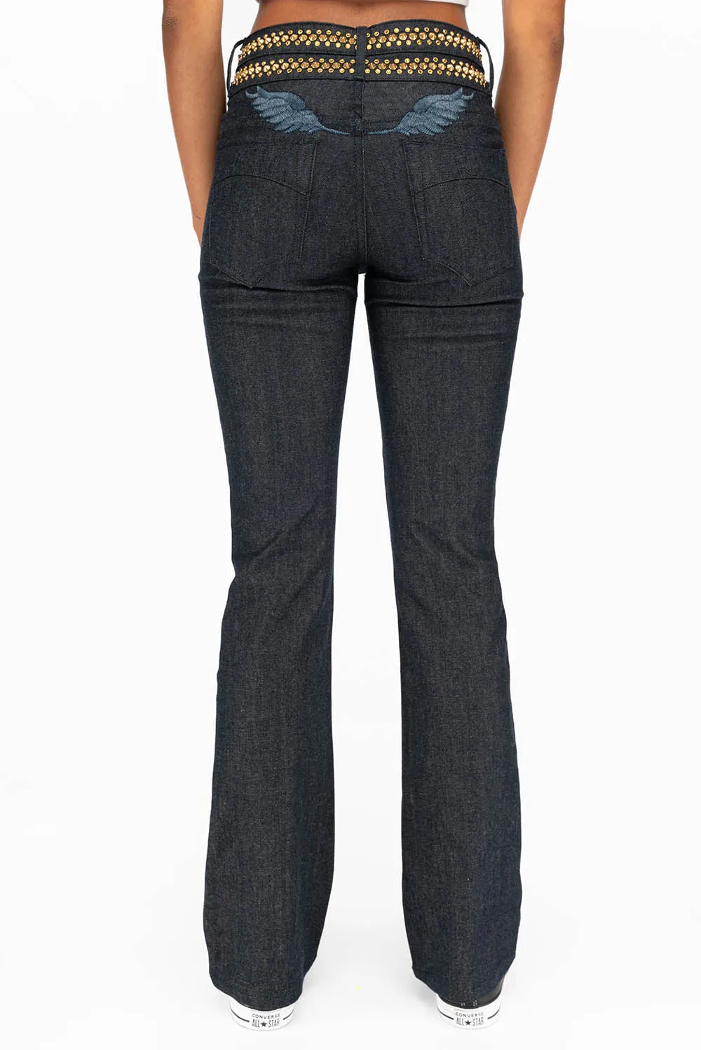 WOMENS DOUBLE WAISTBAND HIGH RISE BOOT LEG JEANS WITH AURUM CRYSTALS IN RAW sold by Robin's Jean product image thumbnail 2