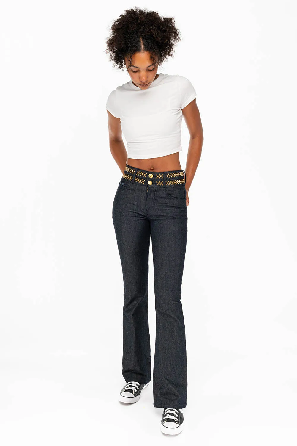 WOMENS DOUBLE WAISTBAND HIGH RISE BOOT LEG JEANS WITH AURUM CRYSTALS IN RAW sold by Robin's Jean product image thumbnail 5