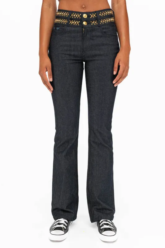 WOMENS DOUBLE WAISTBAND HIGH RISE BOOT LEG JEANS WITH AURUM CRYSTALS IN RAW made by Robin's Jean