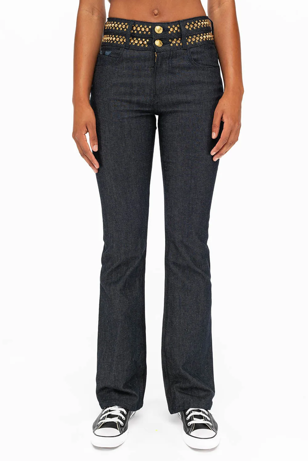 WOMENS DOUBLE WAISTBAND HIGH RISE BOOT LEG JEANS WITH AURUM CRYSTALS IN RAW sold by Robin's Jean