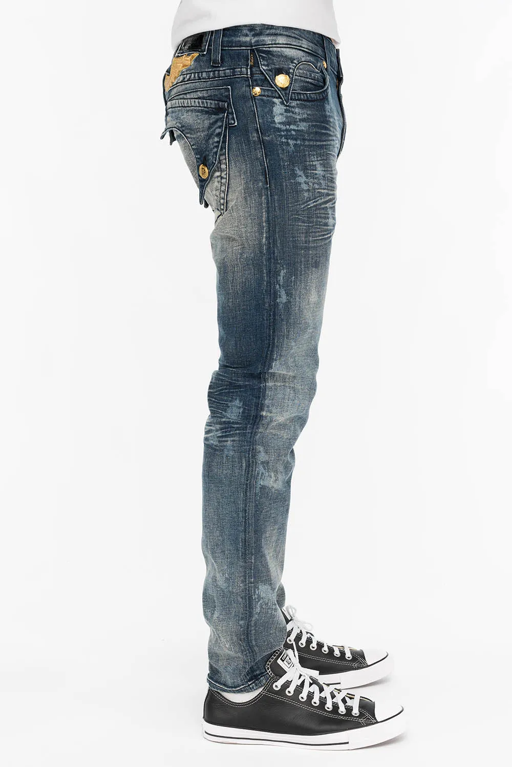 KILLER FLAP MENS SKINNY JEANS IN NEW JAPAN MEDIUM DARK WITH GOLD WINGS sold by Robin's Jean product image thumbnail 2