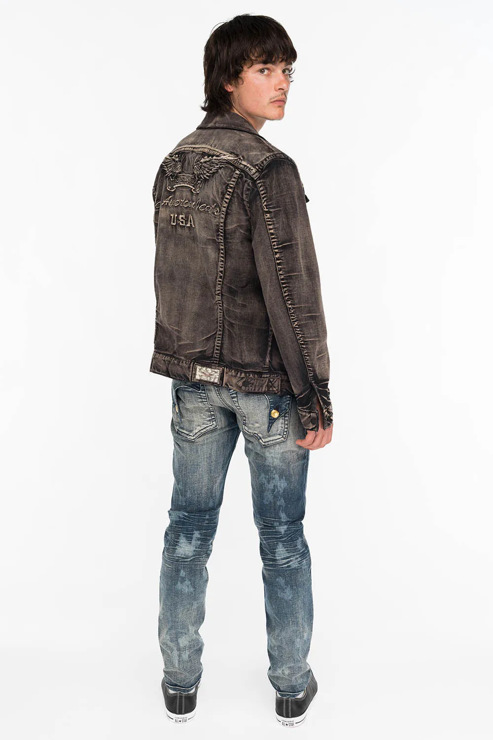 KILLER FLAP MENS SKINNY JEANS IN NEW JAPAN MEDIUM DARK WITH GOLD WINGS sold by Robin's Jean product image thumbnail 5