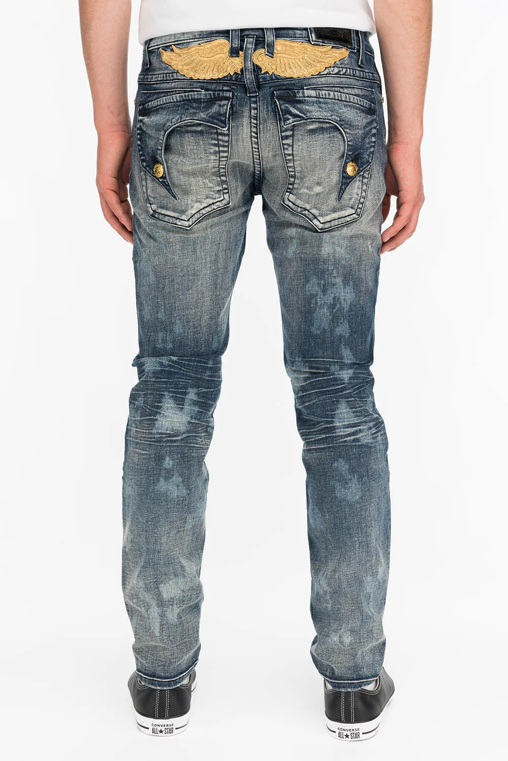 KILLER FLAP MENS SKINNY JEANS IN NEW JAPAN MEDIUM DARK WITH GOLD WINGS sold by Robin's Jean product image thumbnail 3