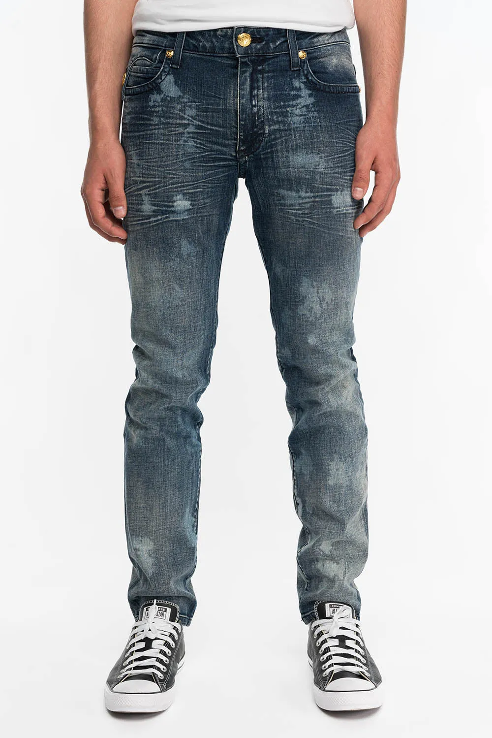 KILLER FLAP MENS SKINNY JEANS IN NEW JAPAN MEDIUM DARK WITH GOLD WINGS sold by Robin's Jean