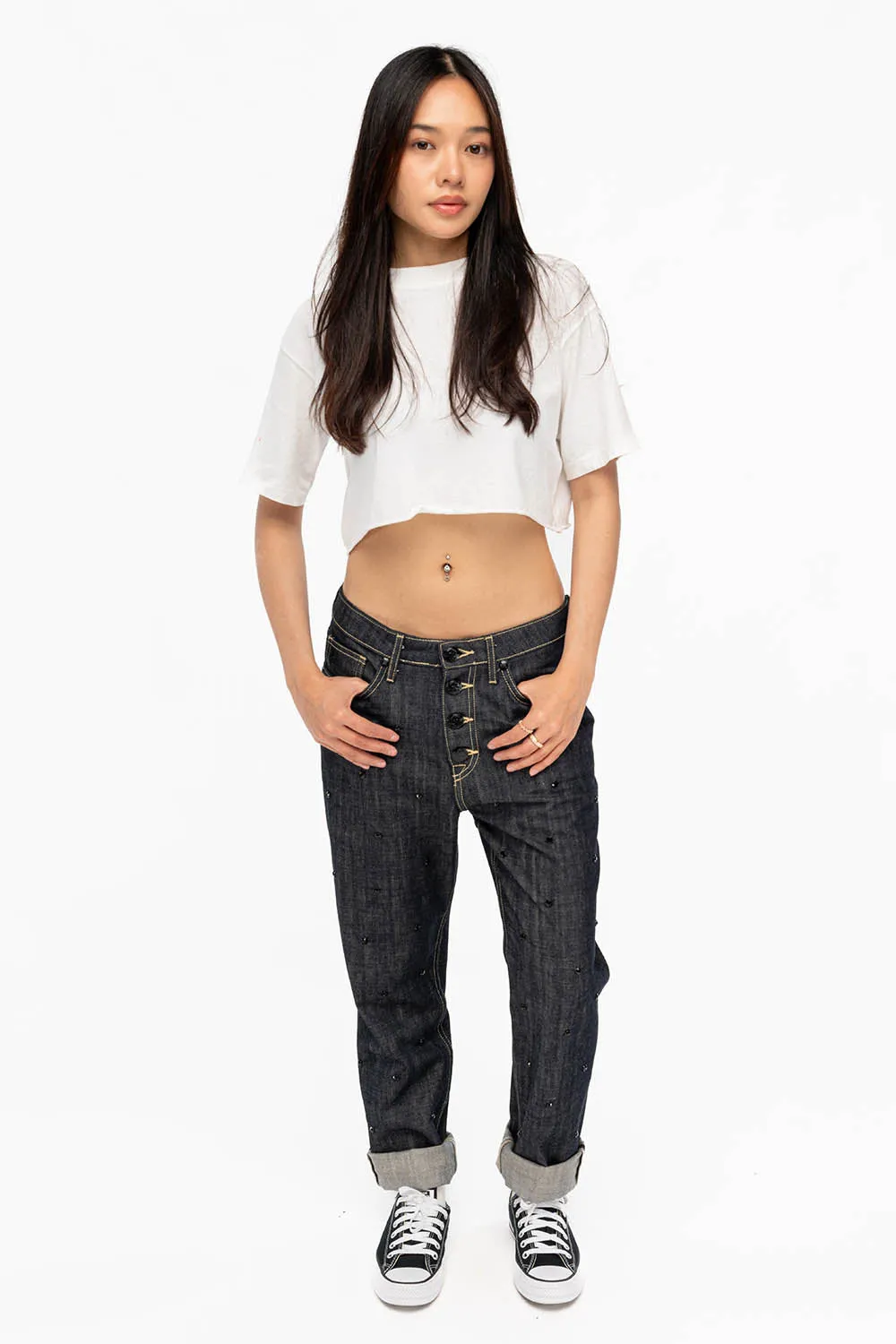 WOMENS BOYFRIEND STYLE JEANS RELAXED FIT WITH JET BLACK CRYSTALS IN RAW sold by Robin's Jean product image thumbnail 4