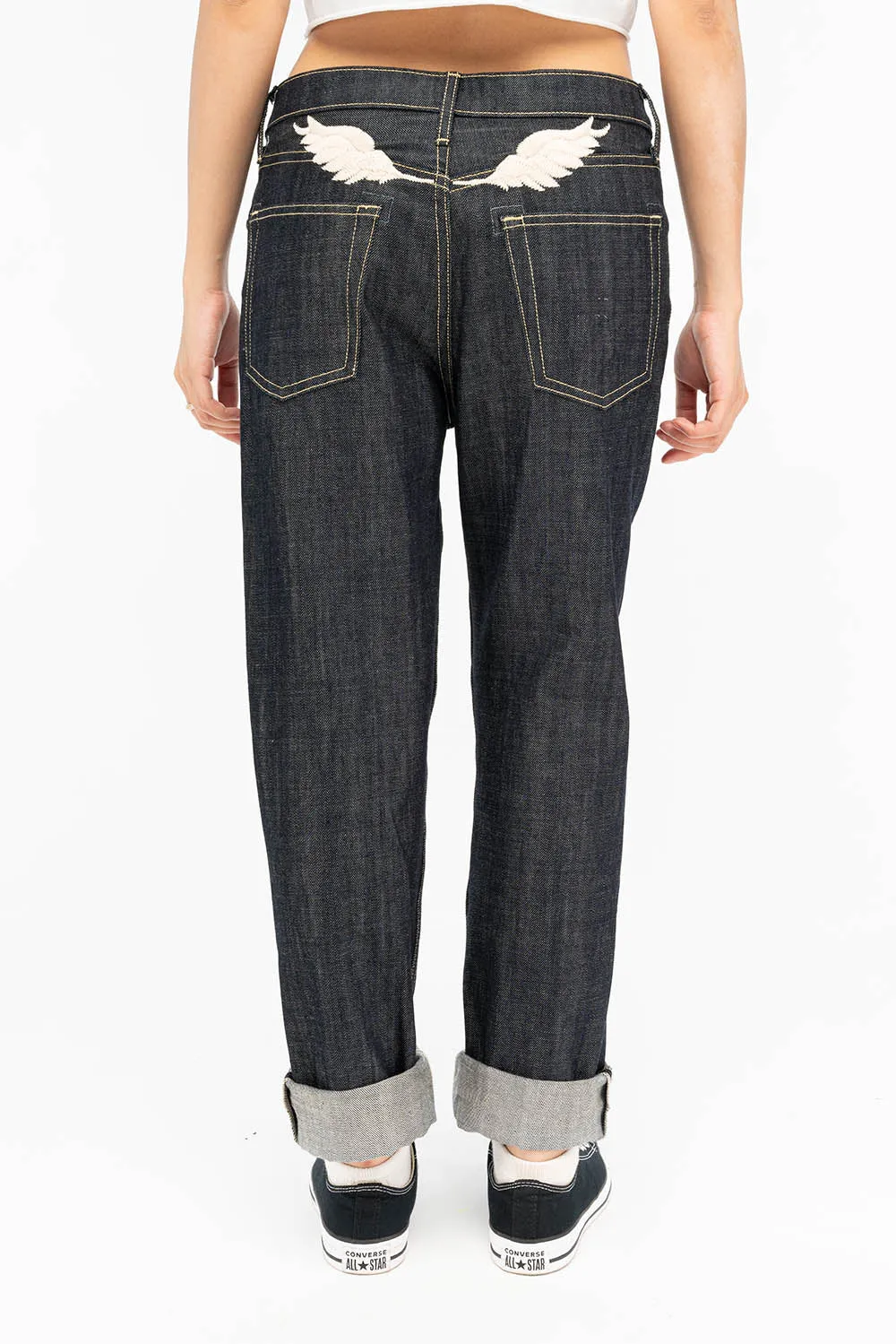 WOMENS BOYFRIEND STYLE JEANS RELAXED FIT WITH JET BLACK CRYSTALS IN RAW sold by Robin's Jean product image thumbnail 3