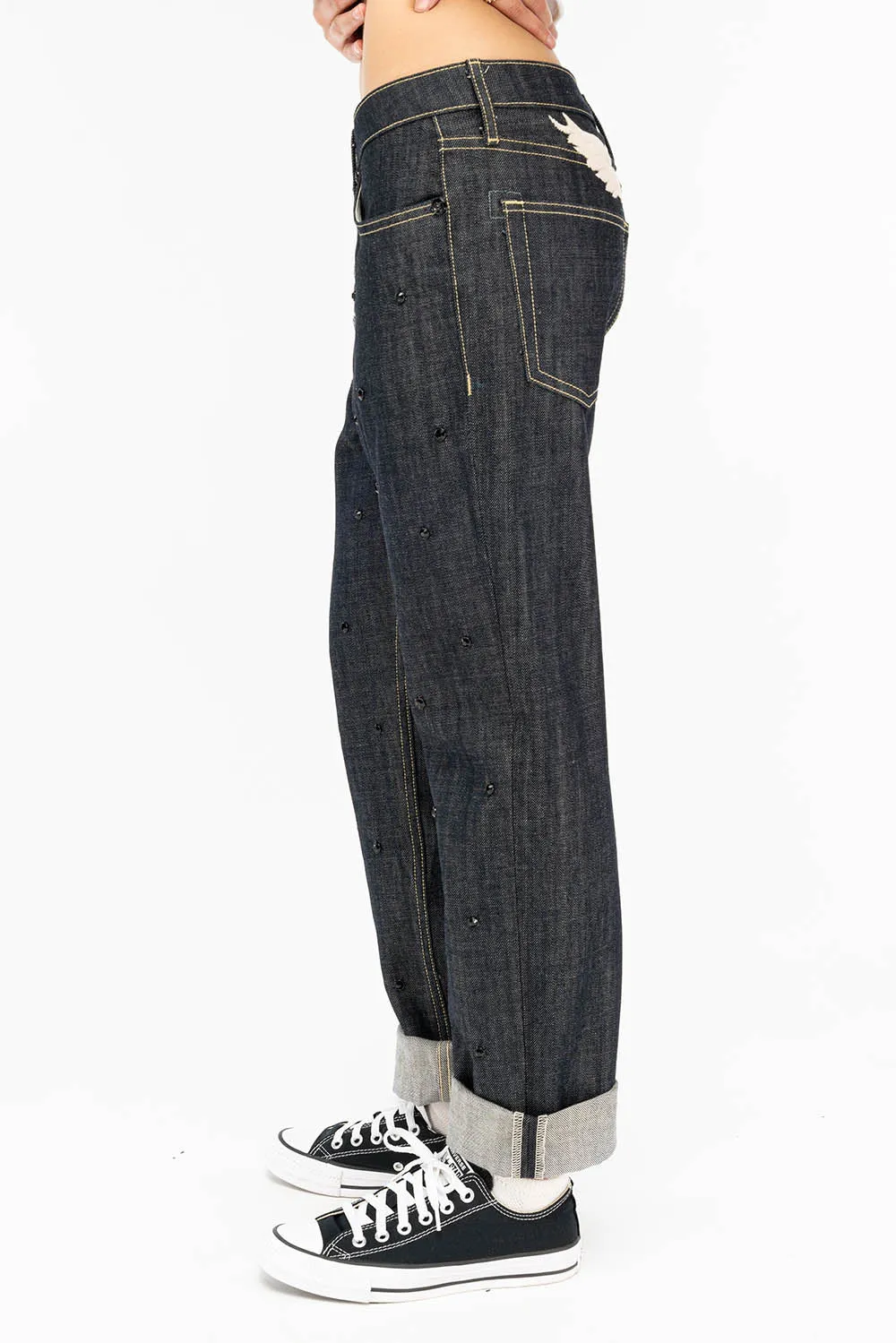 WOMENS BOYFRIEND STYLE JEANS RELAXED FIT WITH JET BLACK CRYSTALS IN RAW sold by Robin's Jean product image thumbnail 2