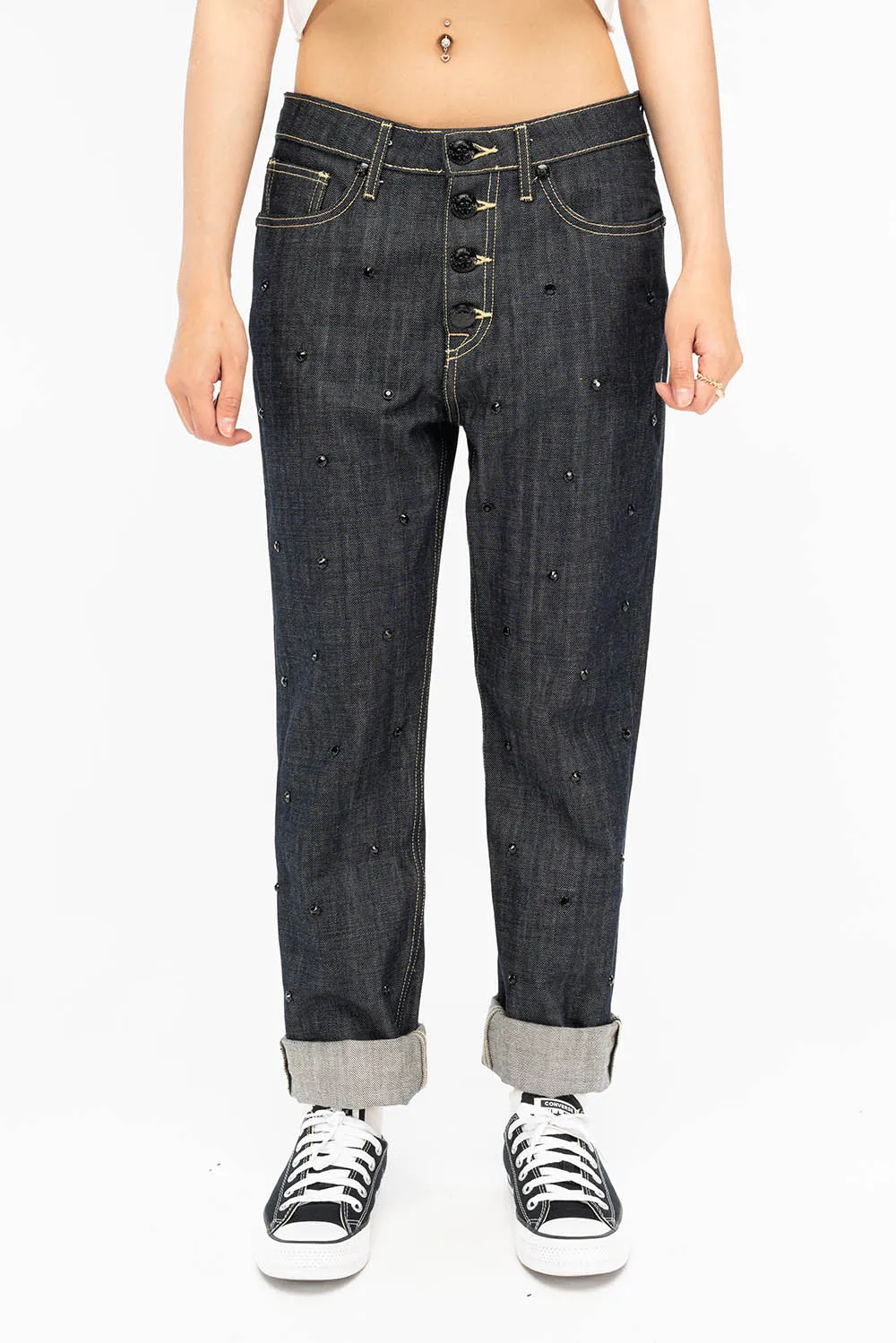 WOMENS BOYFRIEND STYLE JEANS RELAXED FIT WITH JET BLACK CRYSTALS IN RAW sold by Robin's Jean