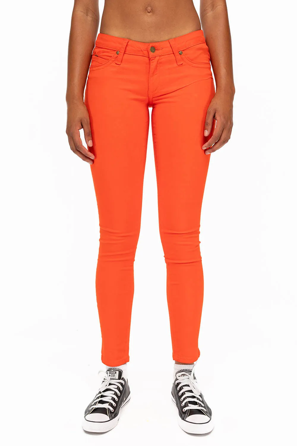 MARILYN WOMENS SKINNY JEANS IN TANGERINE WITH TONAL WINGS sold by Robin's Jean