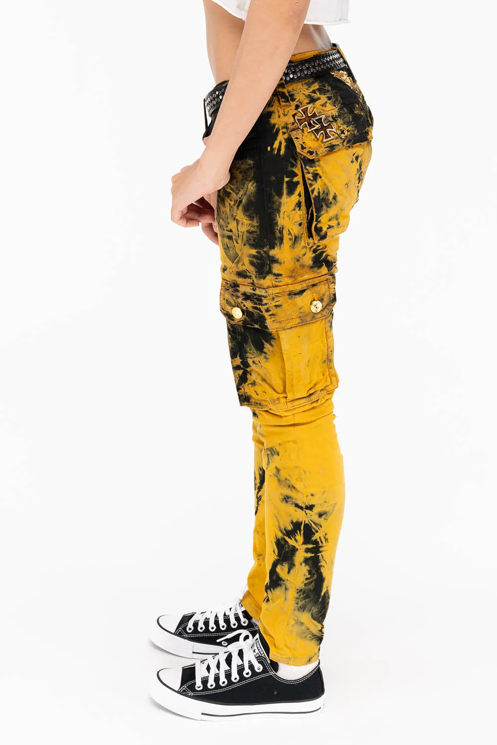 ZIPPER-MILITARY STYLE WOMENS CARGO PANTS IN TIE DYE YELLOW sold by Robin's Jean