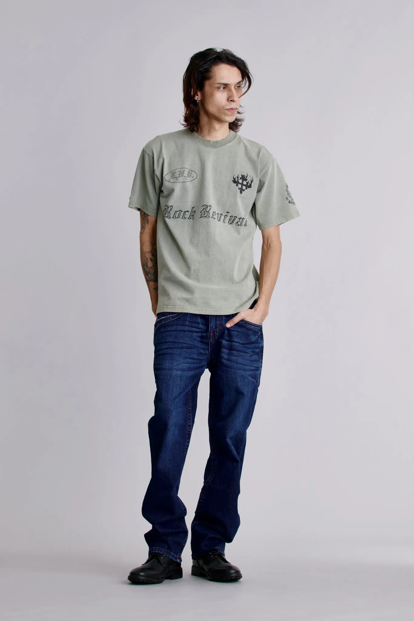 Inferno Crest Tee in Sage sold by Rock Revival